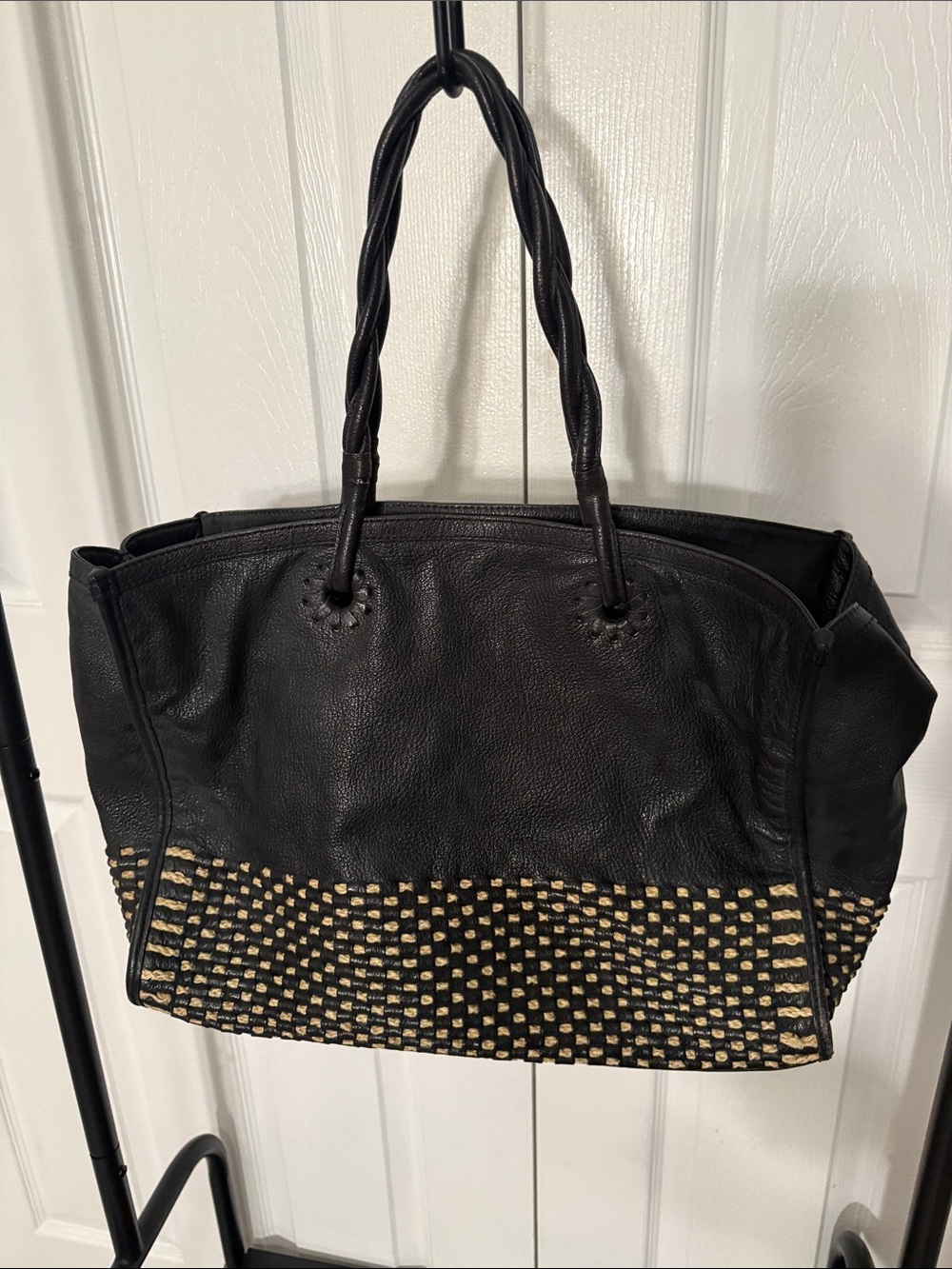 Jack Rogers Black Leather Tote with Gold Woven Accent